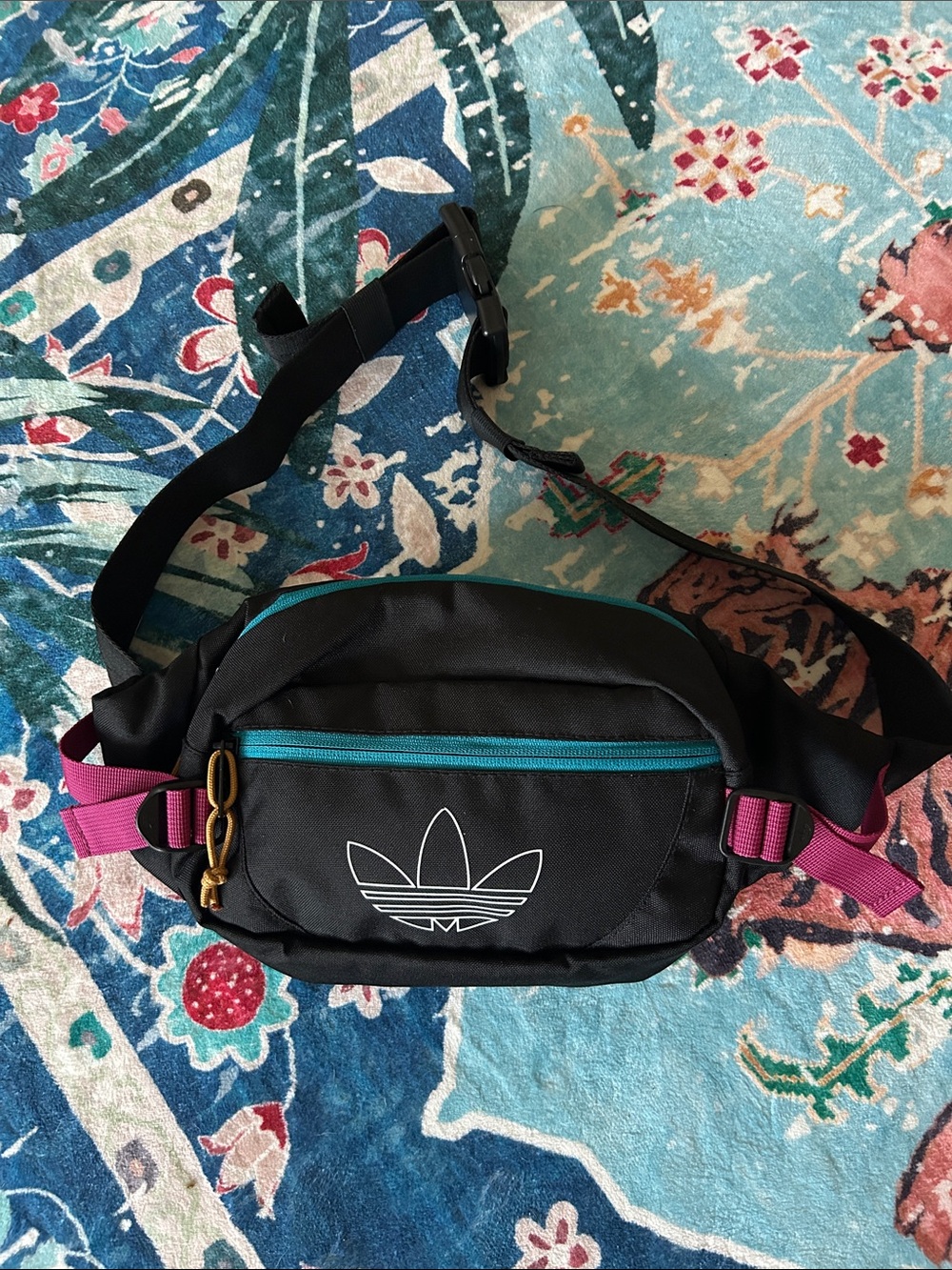 adidas | Black Waist Pack with Teal and Magenta Highlights